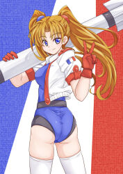Rule 34 | 1girl, ass, blue eyes, breasts, brown hair, french flag, gloves, jacket, large breasts, legs, long hair, looking at viewer, looking back, missile, namco, numan athletics, open clothes, open jacket, sharon les halles, sideboob, smile, solo, thighs, twintails, v