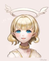 Rule 34 | 1girl, angel, bad id, bad twitter id, birthday, blonde hair, blue eyes, blush, choker, dated, halo, highres, looking at viewer, misty sheikh, pointy ears, pop-up story, short hair, signature, simple background, smile, solo, umino kiri