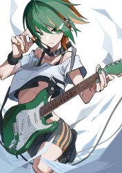 Rule 34 | 1girl, absurdres, bare shoulders, bike shorts, black collar, character request, collar, commentary request, copyright request, crop top, electric guitar, green eyes, green footwear, green hair, green nails, guitar, highres, holding, holding instrument, instrument, looking at viewer, multicolored hair, orange hair, orange nails, orange pupils, shirt, solo, streaked hair, tkc takahashi, white background, white shirt