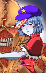 Rule 34 | 1boy, 1girl, aqua sclera, arm around neck, beret, blue eyes, blue hair, blue skin, blush, capelet, colored sclera, colored skin, couple, crossover, half-closed eyes, hand on another&#039;s hip, hat, height difference, hetero, hug, jiangshi, lips, looking down, miyako yoshika, nemesis (resident evil), no pupils, ofuda, resident evil, resident evil 3, resident evil 3: nemesis, shiny skin, shiraue yuu, shirt, short hair, smile, star (symbol), stitches, teeth, touhou, upper body, zombie