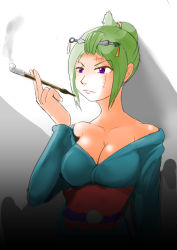Rule 34 | 1girl, breasts, gintama, green hair, okamisaga, purple eyes, short hair, smoke, smoking, tsukuyo (gintama)