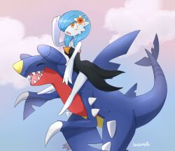 Rule 34 | alternate color, artist name, black dress, blue hair, blue skin, blush, blushpumpkin, bob cut, claws, closed eyes, clothed pokemon, cloud, colored skin, commission, creatures (company), dragon, dragon riding, dress, fangs, flower, game freak, garchomp, gardevoir, gen 3 pokemon, gen 4 pokemon, hair flower, hair ornament, hair over one eye, highres, multicolored skin, nintendo, open mouth, pokemon, pokemon (creature), shiny pokemon, white skin
