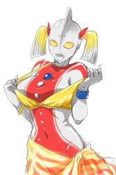 Rule 34 | breasts, colored skin, covered navel, genderswap, genderswap (mtf), grey skin, groin, large breasts, mikagami sou, open mouth, sketch, standing, twintails, ultra series, ultraman, wristband, yellow eyes
