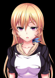 Rule 34 | 1girl, aicox, black background, blonde hair, blue ribbon, breasts, collarbone, commentary request, hair between eyes, highres, long hair, looking at viewer, medium breasts, nakiri erina, open mouth, purple eyes, ribbon, shokugeki no souma, simple background, solo