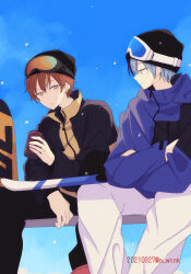 Rule 34 | 2boys, aoyagi touya, beanie, bench, black headwear, black jacket, black pants, blue hair, blue jacket, blue sky, collared jacket, cup, day, ear piercing, feet out of frame, goggles, goggles on head, hair between eyes, hat, highres, holding, holding cup, jacket, layered clothes, looking at another, looking at viewer, male focus, multiple boys, open clothes, open jacket, orange eyes, orange hair, outdoors, pants, piercing, project sekai, shinonome akito, sidelocks, sitting, ski goggles, skis, sky, snowboard, snowing, spread legs, watanuki (enu), watermark, white pants, yellow jacket, zipper