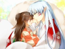 Rule 34 | 1boy, 1girl, :d, age difference, brown eyes, brown hair, cogami, facial mark, from side, fur, fur trim, grabbing another&#039;s hair, head rest, inuyasha, japanese clothes, kimono, long hair, open mouth, pointy ears, rin (inuyasha), sesshoumaru, side ponytail, smile, white hair, yellow eyes, yukata