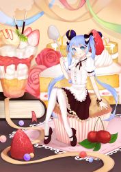 Rule 34 | 1girl, :q, absurdly long hair, absurdres, aqua eyes, blouse, blue hair, blush, book, cake, cherry, cupcake, erchenger, flower, food, fruit, hatsune miku, highres, ice cream, in food, long hair, looking at viewer, mary janes, mini person, minigirl, oversized food, oversized object, pantyhose, pocky, rose, shirt, shoes, sitting, skirt, smile, solo, spoon, strawberry, strawberry shortcake, sundae, sweets, tongue, tongue out, twintails, very long hair, vocaloid, white pantyhose, white shirt