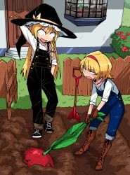 Rule 34 | 2girls, adapted costume, alice margatroid, arm behind head, backyard, black footwear, black headwear, black overalls, blonde hair, boots, braid, brown footwear, brown gloves, bush, cross-laced footwear, dirt, dirty footwear, door, flower, food, fruit, garden, gardening, gloves, grass, hair between eyes, hairband, hand in pocket, hat, kirisame marisa, knee boots, lace-up boots, looking at another, multiple girls, neckerchief, outdoors, overalls, oversized food, oversized object, pants, pants rolled up, pulling, red hairband, red neckerchief, shimizu pem, shirt, short hair, shovel, sleeves rolled up, standing, touhou, v-shaped eyebrows, vegetable, white shirt, window, witch hat