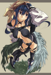 Rule 34 | 1girl, arc system works, asymmetrical wings, blue hair, boots, breasts, brown eyes, dizzy (guilty gear), covered erect nipples, guilty gear, head scarf, hino akira, large breasts, long hair, ribbon, solo, tail, tail ornament, tail ribbon, thighhighs, wings