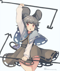 Rule 34 | 1girl, animal, animal ear fluff, animal ears, arm up, basket, brown dress, capelet, dress, grey capelet, grey hair, holding, kuromiya, looking at viewer, mouse (animal), mouse ears, mouse girl, mouse tail, nazrin, one-hour drawing challenge, parted lips, red eyes, shirt, simple background, sleeveless, sleeveless dress, solo, tail, touhou, twitter username, white background, white shirt