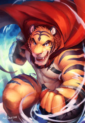 Rule 34 | 1boy, abs, animal ears, bara, fangs, furry, furry male, large pectorals, looking at viewer, male focus, mature male, muscular, muscular male, nipples, null-ghost, open mouth, original, pectorals, solo, tiger boy, tiger ears