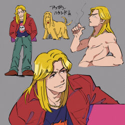 Rule 34 | 1boy, afghan hound, black shirt, blonde hair, brown eyes, brown footwear, chain, chain necklace, cigarette, commentary request, dog, full body, gold chain, green pants, grey background, grin, holding, holding cigarette, inudori, jacket, jewelry, kaiji, kitami (kaiji), long hair, male focus, medium bangs, multiple views, necklace, nipples, pants, parted bangs, print shirt, red jacket, shirt, shoes, simple background, smile, smoke, smoking, topless male, translation request, upper body, v-shaped eyebrows