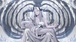Rule 34 | 1other, absurdres, androgynous, arch, architecture, closed mouth, fine art parody, greco-roman architecture, grey hair, hair censor, half-closed eyes, highres, horns, indoors, long hair, looking at object, lying on lap, official art, original, parody, pieta, purple eyes, robe, sitting, skull, solo, spread legs, statue, stitched mouth, stitches, swept bangs, topless, veil, white robe, white veil, yasutatsu (amazu)