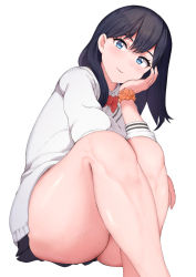 Rule 34 | 1girl, ass, bad id, bad pixiv id, black hair, blue eyes, blush, bow, bowtie, gridman universe, head rest, long hair, pleated skirt, school uniform, sikijou77o, simple background, skirt, smile, solo, ssss.gridman, takarada rikka, thick thighs, thighs, white background