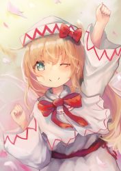 Rule 34 | + +, 1girl, ;), arm up, blonde hair, blush, bow, bowtie, capelet, cherry blossoms, closed mouth, dress, fairy, fairy wings, green eyes, hair between eyes, hand up, hat, hat bow, highres, inushida (dogsheepsheep), lily white, long hair, long sleeves, one eye closed, petals, red bow, red bowtie, smile, solo, touhou, white capelet, white dress, white hat, wide sleeves, wings