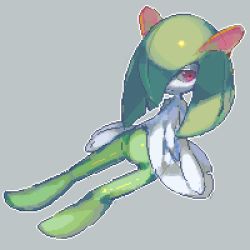 Rule 34 | 1girl, closed mouth, colored skin, creatures (company), female focus, flat chest, full body, game freak, gen 3 pokemon, green hair, green skin, grey background, hair over one eye, kirlia, leaning back, long hair, looking to the side, lowres, multicolored skin, nintendo, one eye covered, outline, oyama yoihaya, pixel art, pokemon, pokemon (creature), red eyes, shiny skin, sidelocks, simple background, sitting, solo, two-tone skin, white outline, white skin