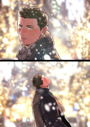 Rule 34 | 2boys, black coat, black hair, blush, brown hair, chris redfield, cigarette, closed eyes, closed mouth, coat, facial hair, highres, kuconoms, looking at another, male focus, multiple boys, piers nivans, resident evil, resident evil 6, scarf, short hair, snowing, winter, winter clothes, yaoi