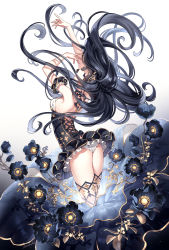 Rule 34 | 1girl, armband, artist name, ass, back, black eyes, black hair, breasts, flower, frilled armband, frilled skirt, frills, gradient background, highres, long hair, looking up, nardack, original, outstretched arm, sideboob, skirt, sleeveless, solo