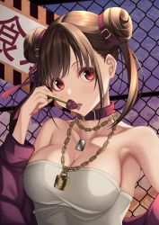 Rule 34 | 1girl, absurdres, armpits, breasts, brown hair, candy, chain, chain-link fence, chain necklace, cleavage, collarbone, double bun, fence, food, hair bun, highres, idolmaster, idolmaster shiny colors, jacket, jewelry, kazushisummer, leather choker, lollipop, looking at viewer, medium breasts, necklace, purple jacket, solo, sonoda chiyoko, strapless, tongue, tongue out, tube top, upper body, white tube top