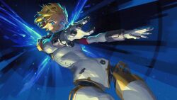 Rule 34 | 1girl, aegis (persona), android, blonde hair, blue background, blue eyes, breasts, check copyright, copyright request, cowboy shot, crotch, dark background, energy wings, eyelashes, eyeliner, finger cannon, floating hair, flying, forehead, foreshortening, glaze artifacts, glowing, headphones, highres, jeremy anninos, joints, jpeg artifacts, leaning back, looking at viewer, makeup, mechanical parts, open hand, outstretched arms, parted lips, persona, persona 3, robot joints, serious, short hair, small breasts, solo, teeth, v-shaped eyebrows