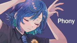 Rule 34 | 1girl, 3968, blue hair, blue necktie, closed eyes, collared shirt, dolphin hair ornament, fang, fang out, flower, hair behind ear, highres, necktie, nijisanji, nishizono chigusa, phony (cevio), purple background, rabbit pose, second-party source, shirt, short hair, skin fang, solo, song name, sunflower, virtual youtuber, yellow flower