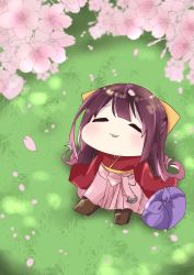 Rule 34 | 1girl, blush, boots, bow, cherry blossoms, chibi, closed eyes, commentary request, cross-laced footwear, day, flower, full body, furoshiki, gradient hair, grass, hair bow, hakama, hakama skirt, hanami, highres, japanese clothes, kamikaze (kancolle), kantai collection, kimono, lace-up boots, long hair, meiji schoolgirl uniform, multicolored hair, nami nami (belphegor-5812), outdoors, petals, pink hair, pink hakama, purple hair, red kimono, ribbon, sitting, skirt, smile, solo, yellow bow, yellow ribbon