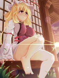 Rule 34 | 1girl, bare legs, barefoot, blonde hair, breasts, diffraction spikes, feet, female focus, grass, hat, highres, impossible clothes, large breasts, lens flare, long hair, nanase nanami, outdoors, red eyes, sitting, solo, sun, touhou, yakumo yukari