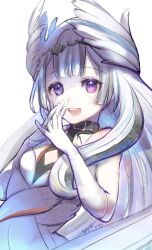 Rule 34 | 1girl, black choker, black hair, breasts, choker, dress, elbow gloves, fire emblem, fire emblem engage, gloves, grey hair, hair ornament, highres, long hair, looking at viewer, multicolored hair, nintendo, open mouth, own hands together, purple eyes, sleeveless, sleeveless dress, small breasts, solo, teeth, toro astro, two-tone hair, upper body, upper teeth only, veyle (fire emblem), white background, white gloves
