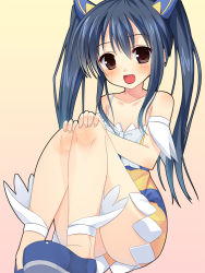 Rule 34 | 1girl, :d, asa no ha (awayuki), bare legs, bare shoulders, blue hair, blush, brown hair, fairy tail, hair ornament, long hair, looking at viewer, open mouth, smile, solo, twintails, wendy marvell