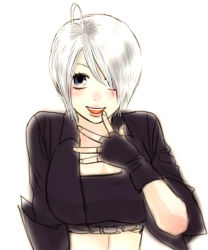 Rule 34 | 1girl, ahoge, angel (kof), blue eyes, blush, crop top, fingerless gloves, gloves, hair over one eye, hand on own chest, midriff, non-web source, simple background, smile, snk, solo, the king of fighters, white background, white hair