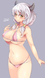 Rule 34 | 10s, 1girl, absurdres, artist name, bikini, blush, breasts, brown eyes, dated, draph, covered erect nipples, female focus, granblue fantasy, grey hair, highres, horns, kokka han, kumuyu, large breasts, long hair, navel, simple background, solo, swimsuit, wavy mouth