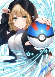Rule 34 | 1girl, absurdres, black jacket, blonde hair, blue sailor collar, blush, breasts, closed mouth, great ball, green eyes, highres, holding, holding poke ball, hood, hood up, hooded jacket, hoshimiya aki, jacket, long sleeves, looking at viewer, medium breasts, official art, open clothes, open jacket, original, outstretched arm, pleated skirt, poke ball, sailor collar, school uniform, serafuku, shirt, skirt, sleeves past wrists, smile, solo, star (symbol), white shirt, white skirt
