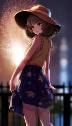 Rule 34 | 1girl, backlighting, bare arms, bare shoulders, blinking, blue skirt, blurry, blurry background, blush, bokeh, brown hat, casual, commentary request, cowboy shot, depth of field, fence, fireworks, floral print, frilled shirt, frills, from behind, green eyes, greyscale, hat, heterochromia, highres, idolmaster, idolmaster cinderella girls, looking back, maru (maru1625), medium skirt, mole, mole under eye, monochrome, outdoors, shirt, short hair, skirt, skirt hold, sleeveless, solo, standing, sun hat, takagaki kaede, tareme, tongue, tongue out