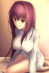 Rule 34 | 1girl, bad id, bad pixiv id, barefoot, bed sheet, brown hair, covered erect nipples, fate/grand order, fate (series), hair between eyes, indoors, kneeling, long hair, nene (umrhaishixiaomai), red eyes, ribbed sweater, scathach (fate), solo, sweater, very long hair, white sweater