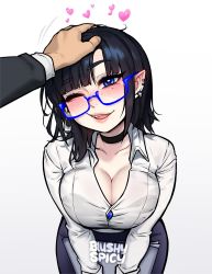 Rule 34 | 1girl, artist name, black choker, black hair, blue-framed eyewear, blushyspicy, breasts, choker, cleavage, collarbone, earrings, glasses, grey background, headpat, heart, highres, jewelry, large breasts, looking at viewer, medium hair, mole, mole under eye, one eye closed, open mouth, original, pointy ears, simple background, smile, solo focus, vivian seong (blushyspicy)