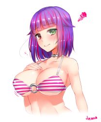 Rule 34 | 1girl, bikini, blush, breasts, choker, cleavage, collarbone, doyouwantto, embarrassed, female focus, flying sweatdrops, green eyes, hair flaps, hand on own chest, heterochromia, large breasts, looking at viewer, o-ring, o-ring top, original, portrait, purple hair, red eyes, short hair, signature, simple background, solo, squiggle, striped bikini, striped clothes, swimsuit, upper body, white background