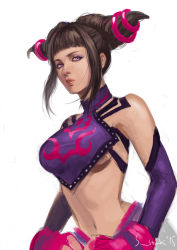 Rule 34 | 1girl, black hair, blunt bangs, breasts, chinese clothes, detached sleeves, drill hair, dudou, eyebrows, eyelashes, hair ornament, halterneck, han juri, lips, midriff, navel, nose, purple eyes, short hair, short twintails, sidelocks, signature, sketch, solo, street fighter, street fighter iv (series), sun stark, twin drills, twintails, underboob, upper body