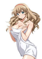 Rule 34 | 1girl, breasts, brown hair, cleavage, female focus, hairband, ikkitousen, long hair, naked towel, simple background, smile, solo, sonken chuubou, towel, white background