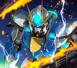 amakawa_mayu battle commentary destruction electricity english_commentary glowing glowing_eyes gundam highres humanoid_robot joints mecha mecha_focus melting mobile_suit no_humans original record_gundam_(mobile_suit) robot science_fiction space v-fin