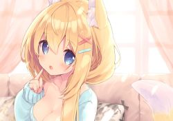 Rule 34 | 1girl, amamiya mei, animal ear fluff, animal ears, backlighting, blonde hair, blue eyes, blue shirt, blush, collarbone, commentary request, curtains, day, fingernails, fox ears, fox girl, fox tail, hair between eyes, hair ornament, hairclip, hand up, index finger raised, long hair, long sleeves, looking at viewer, original, p19, parted lips, pillow, puffy long sleeves, puffy sleeves, shirt, sidelocks, sleeves past wrists, solo, tail, tail raised, virtual youtuber, window, x hair ornament