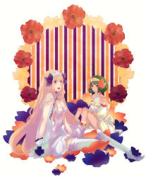 Rule 34 | 00s, 2girls, :d, bare shoulders, blonde hair, boots, choker, detached sleeves, dress, flower, frills, full body, gloves, green hair, hair flower, hair ornament, head wreath, kunimitsu (9nimi2), long hair, looking at viewer, macross, macross frontier, midriff, multiple girls, open mouth, ranka lee, red eyes, ribbon, see-through, sheryl nome, short hair, sitting, skirt, smile, striped, thigh boots, thighhighs