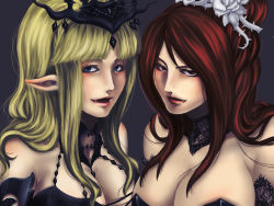 Rule 34 | 2girls, bad id, bad pixiv id, bare shoulders, blonde hair, blue eyes, breast press, breasts, castlevania (series), castlevania: lament of innocence, castlevania: symphony of the night, choker, cleavage, crossover, demon, demon girl, detached sleeves, eyelashes, fang, flower, hair ornament, helm, helmet, jewelry, lace, large breasts, lips, lipstick, long hair, makeup, multiple girls, pointy ears, red eyes, red hair, rose, smile, demon girl, succubus (castlevania), suzaki, symmetrical docking, thorns, white flower, white rose