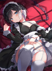 Rule 34 | 1girl, absurdres, apron, bare shoulders, black hair, black skirt, blue eyes, blush, breasts, buttons, cleavage, clothes lift, collarbone, cowboy shot, dot nose, frilled pillow, frills, from above, garter belt, highres, indoors, knee up, long sleeves, looking at viewer, lying, maid, maid apron, maid headdress, medium breasts, on back, on bed, open mouth, original, panties, panties over garter belt, parted bangs, pillow, shirt slip, short hair, sidelocks, skirt, skirt lift, sleeve cuffs, solo, stomach, sunlight, thighhighs, toshizou (0714), underwear, waist apron, white panties, white thighhighs