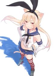 Rule 34 | 1girl, animal ears, blonde hair, blue skirt, cat ears, cat tail, commentary request, cosplay, elbow gloves, fang, gloves, hairband, hand on own hip, kantai collection, long hair, looking at viewer, original, pine-chan ver. 1, pine (pine-box), red eyes, shimakaze (kancolle), shimakaze (kancolle) (cosplay), skirt, smile, solo, striped clothes, striped thighhighs, tail, thighhighs, white gloves
