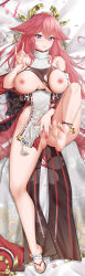 Rule 34 | 1girl, absurdres, animal ears, anus, ass, bare shoulders, blush, breasts, breasts out, censored, detached sleeves, earrings, feet, fox ears, genshin impact, hair between eyes, hair ornament, highres, japanese clothes, jewelry, large breasts, long hair, long sleeves, looking at viewer, lying, mosaic censoring, nipples, on back, pink hair, purple eyes, pussy, pussy juice, sandals, smile, soles, solo, spread pussy, thighs, torn clothes, very long hair, wide sleeves, yae miko, yiler
