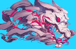 Rule 34 | animal focus, blood, blood on face, blood on mouth, blue background, chun lo, colored tongue, cropped head, disembodied head, facial mark, fangs, fox, from side, monster, no humans, open mouth, original, purple tongue, red eyes, sharp teeth, snout, teeth, white fur
