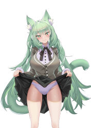 Rule 34 | 1girl, absurdres, animal ear fluff, animal ears, arknights, black ribbon, black skirt, blush, cardigan, cat ears, cha kurikara, clothes lift, commentary request, feet out of frame, green eyes, green hair, grey cardigan, groin, harmonie (arknights), highres, lifting own clothes, long hair, long sleeves, looking at viewer, miniskirt, neck ribbon, panties, ribbon, shirt, simple background, skirt, skirt lift, smile, solo, standing, thighs, underwear, very long hair, white background, white panties, white shirt