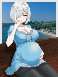 Rule 34 | 1girl, absurdres, bench, big belly, black pantyhose, blue eyes, blue shirt, blush, breasts, cleavage, collarbone, commentary, english commentary, grey hair, hair ornament, hair over one eye, hairclip, hama (zarulzaharudin), hamakaze (kancolle), hand on own stomach, highres, kantai collection, looking at viewer, medium breasts, one eye covered, pantyhose, parted lips, pregnant, shirt, short hair, sitting, solo