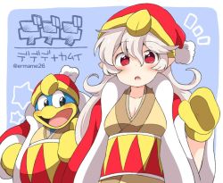 Rule 34 | 1boy, 1girl, blue background, blush, breasts, cleavage, corrin (female) (fire emblem), corrin (fire emblem), cosplay, eromame, fire emblem, fire emblem fates, hat, king dedede, king dedede (cosplay), kirby (series), long hair, long sleeves, looking at viewer, medium breasts, mittens, nintendo, open mouth, pointy ears, pom pom (clothes), red eyes, red headwear, simple background, super smash bros., thumbs up, twitter username, upper body, white hair