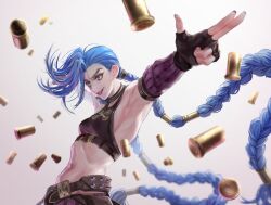 Rule 34 | 1girl, absurdres, arcane: league of legends, arcane jinx, arm tattoo, asymmetrical bangs, black gloves, blue eyes, blue hair, blue nails, braid, bullet, chilom, cowboy shot, fingerless gloves, fingernails, gloves, gradient background, highres, jinx (league of legends), korean commentary, league of legends, long hair, nail polish, navel, outstretched arms, simple background, smile, solo, stomach, tattoo, teeth, twin braids, v-shaped eyebrows